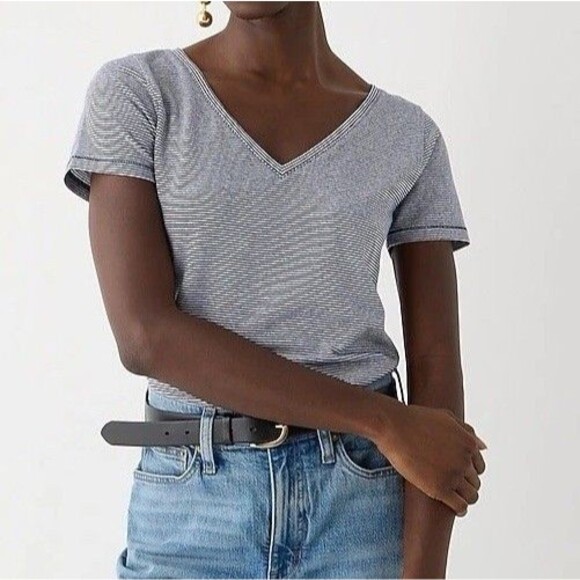 J.Crew Stretch Linen V- Neck T-shirt Women’s Small Navy White Micro Stripe 2023 - Picture 1 of 14